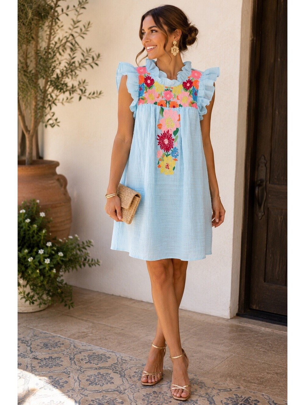 TAML Boho Baby Blue Floral Embroidered Dress  Size S